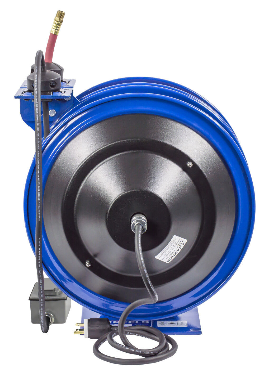 Hose Reel Dual Purpose Spring Rewind 3/8in x 50' 300PSI GFCI Receptacle 50' cord 12 AWG C-L350-5012-F