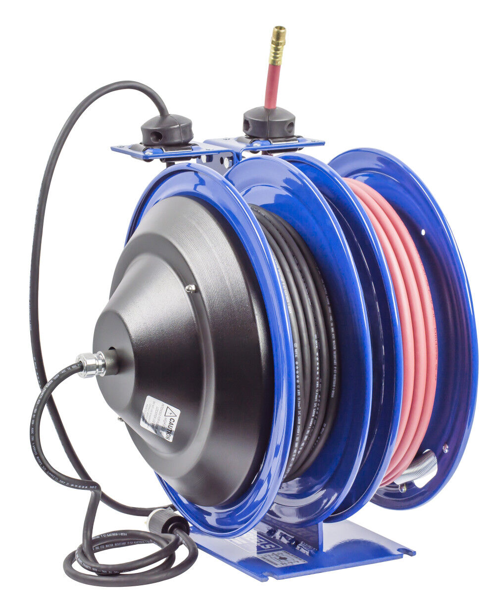 Hose Reel Dual Purpose Spring Rewind 3/8in x 50' 300PSI GFCI Receptacle 50' cord 12 AWG C-L350-5012-F