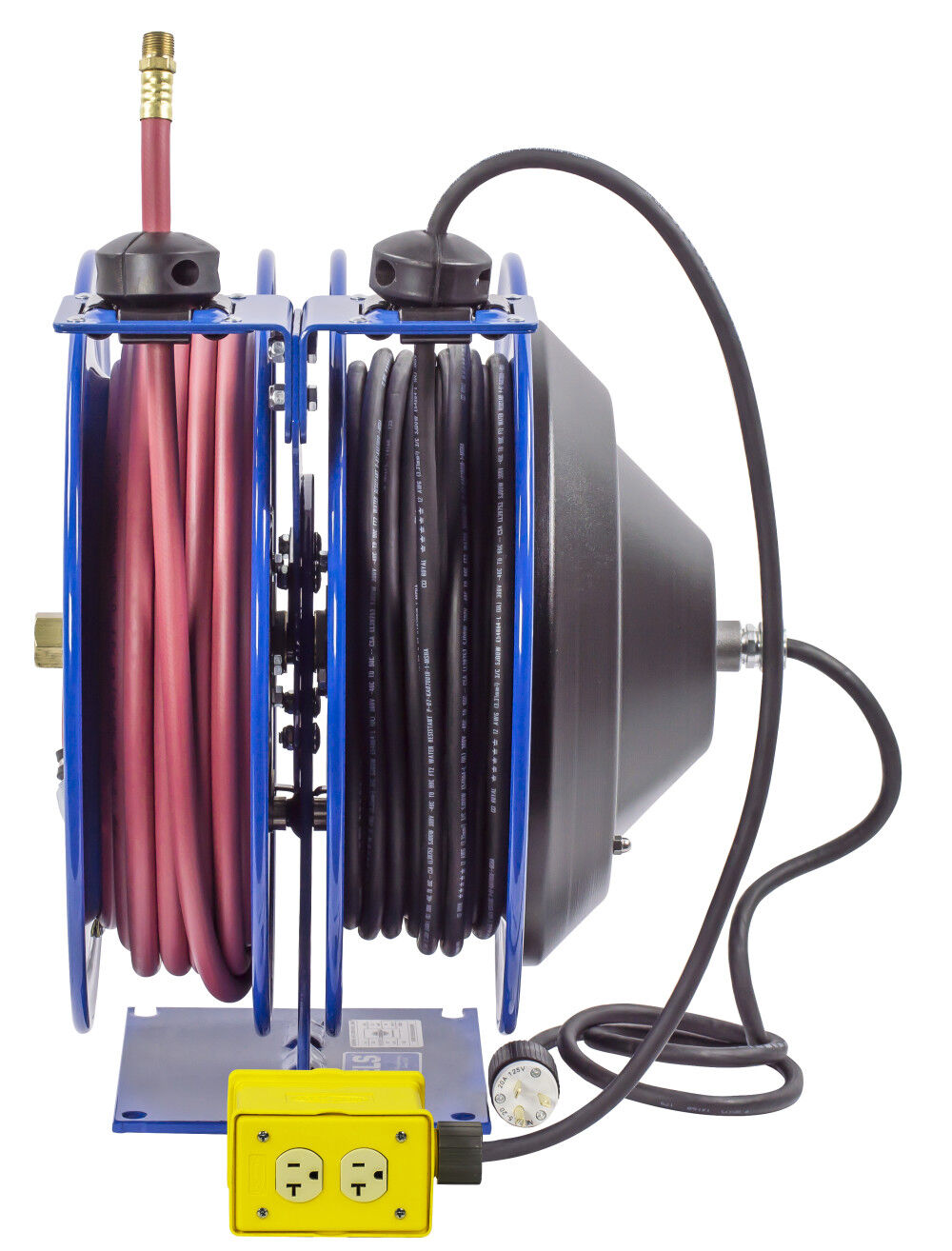 Hose Reel Dual Purpose Spring Rewind 3/8in x 50' 300PSI Quad Receptacle 50' cord 12 AWG C-L350-5012-B