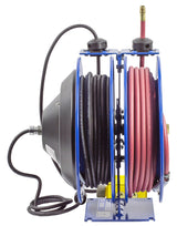 Hose Reel Dual Purpose Spring Rewind 3/8in x 50' 300PSI Quad Receptacle 50' cord 12 AWG C-L350-5012-B