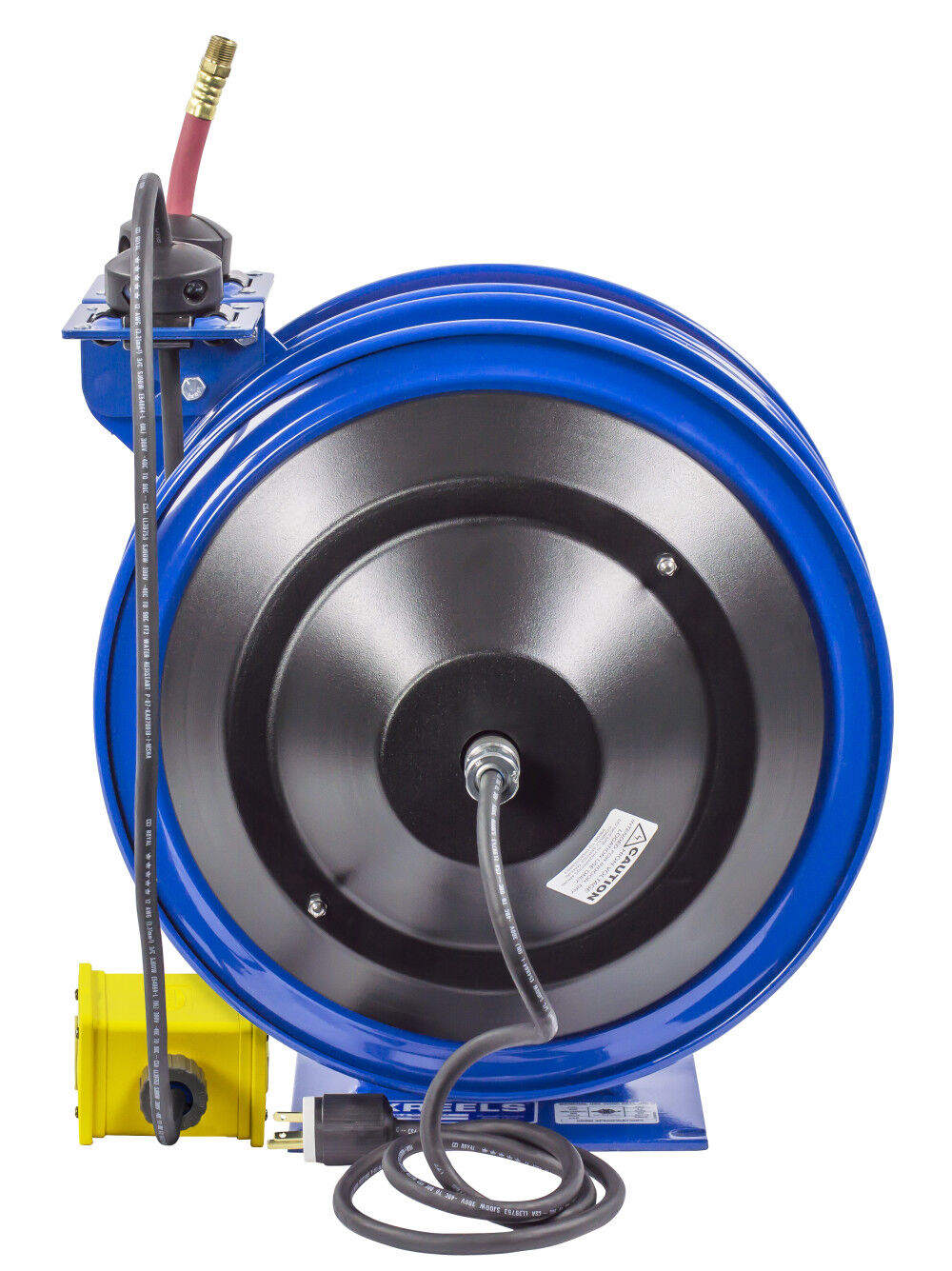 Hose Reel Dual Purpose Spring Rewind 3/8in x 50' 300PSI Quad Receptacle 50' cord 12 AWG C-L350-5012-B