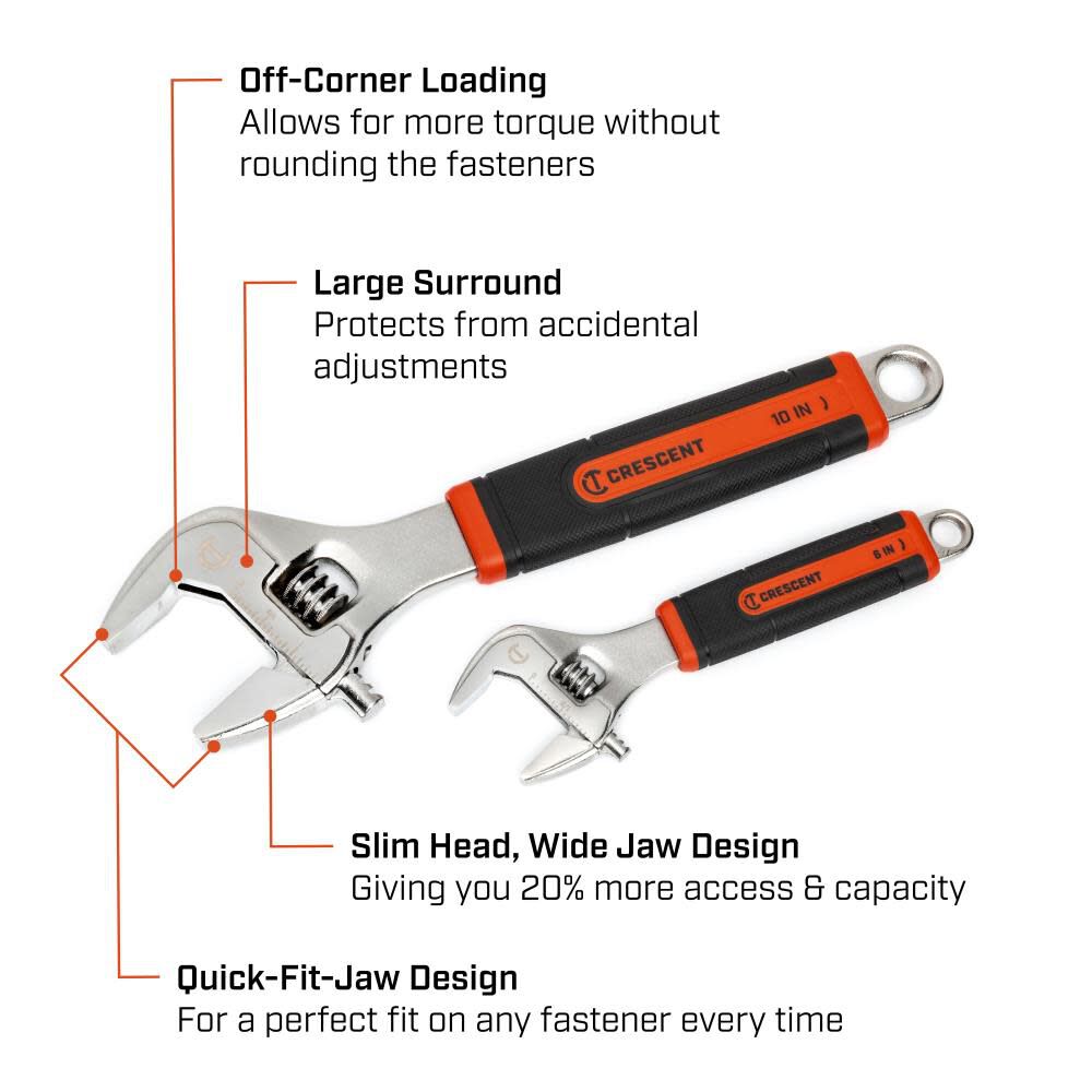 6 Inch & 10 Inch Cushion Grip Adjustable Wrench Set 2pc AC3610CVS