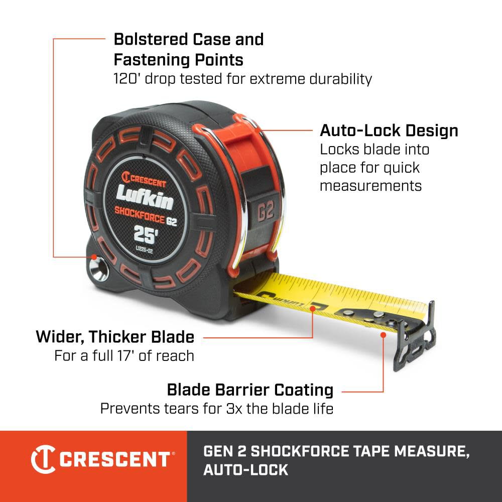 1-1/4 Inch x 8m/26' Shockforce G2 Auto-Lock Tape Measure L1225ALCME-02