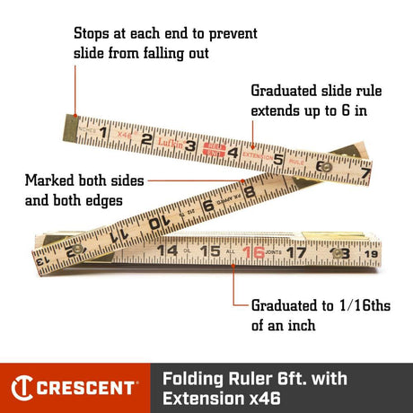 5/8in x 6' Red End Wood Rule with 6in Slide Rule Extension TX46N