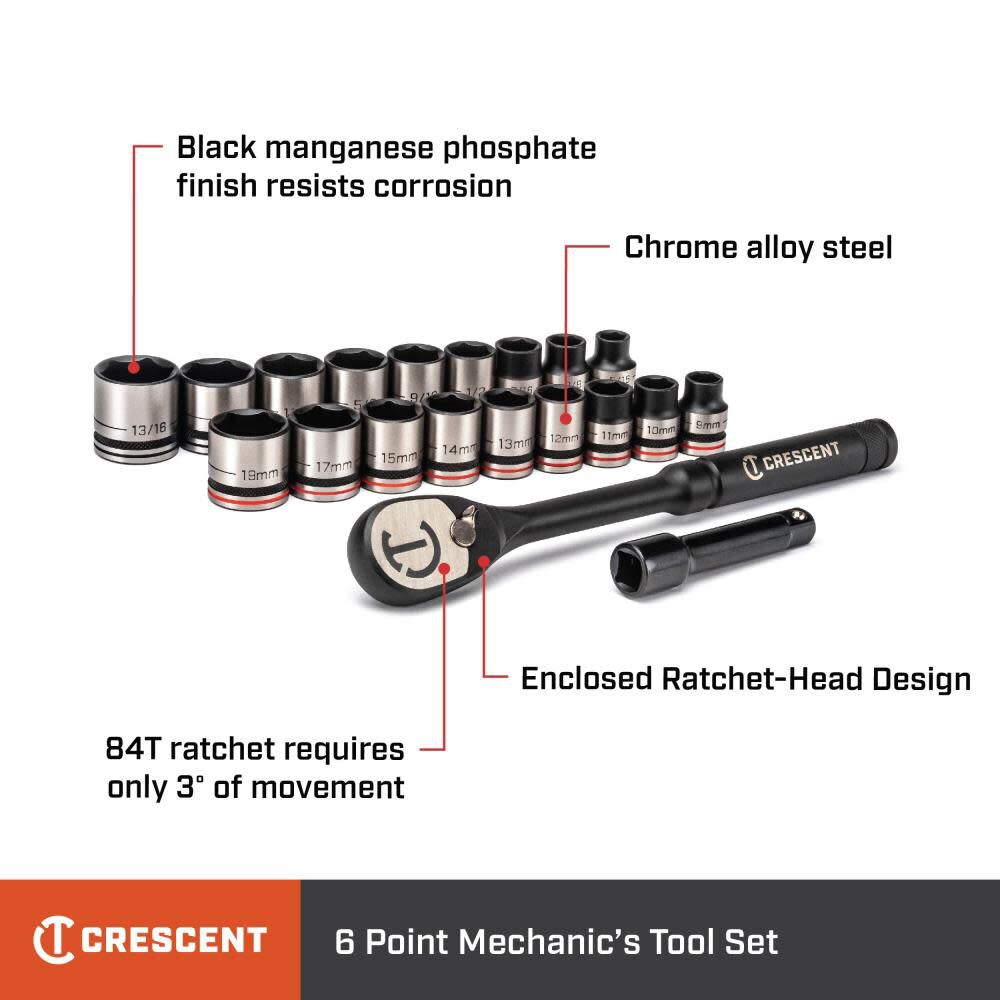 Mechanics Tool 20pc Set Standard SAE & Metric Black Oxide 3/8 in CSWS38B