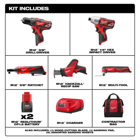 M12 12V Lithium-Ion Cordless Drill Driver/Impact Driver/Ratchet/Hackzall Recip Saw/Multi-Tool Combo Kit (5-Tool)