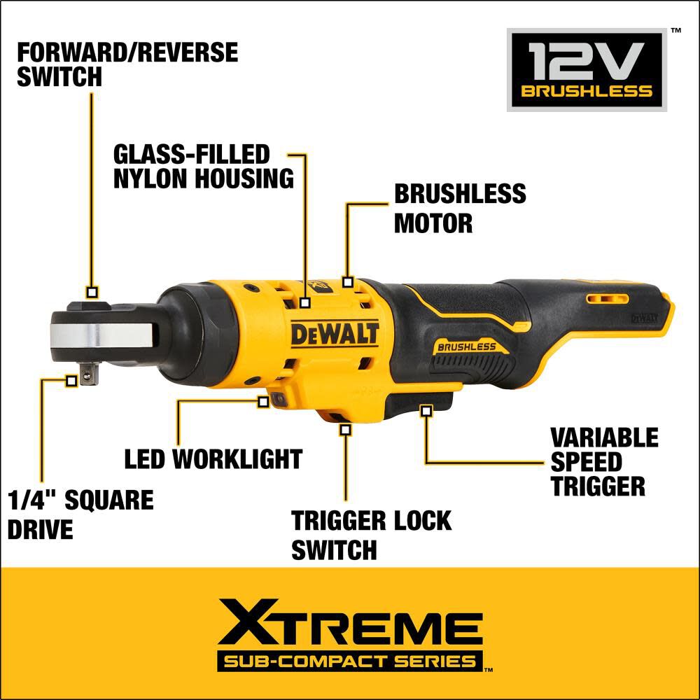 XTREME 12-volt Max Variable Speed Brushless 1/4-in Drive Cordless Ratchet Wrench (Bare Tool) DCF504B