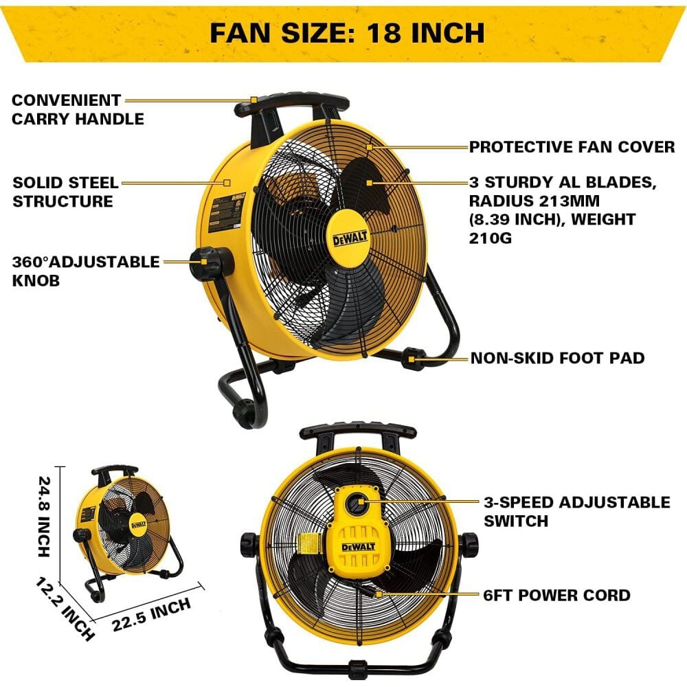 18 in Drum Fan Yellow 3 Speed Heavy Duty with 6 ft Power Cord DXF1840