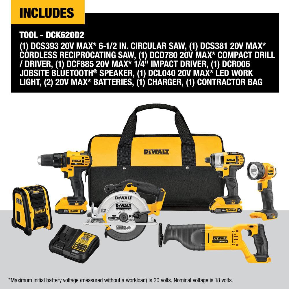 6-Tool 20-Volt Max Power Tool Combo Kit with Soft Case (2-Batteries and charger Included) DCK620D2