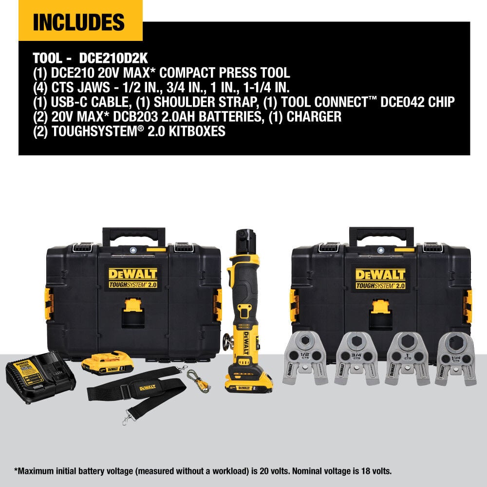 20V 1/2 in to 1-1/4 in Compact Press Tool Kit DCE210D2K