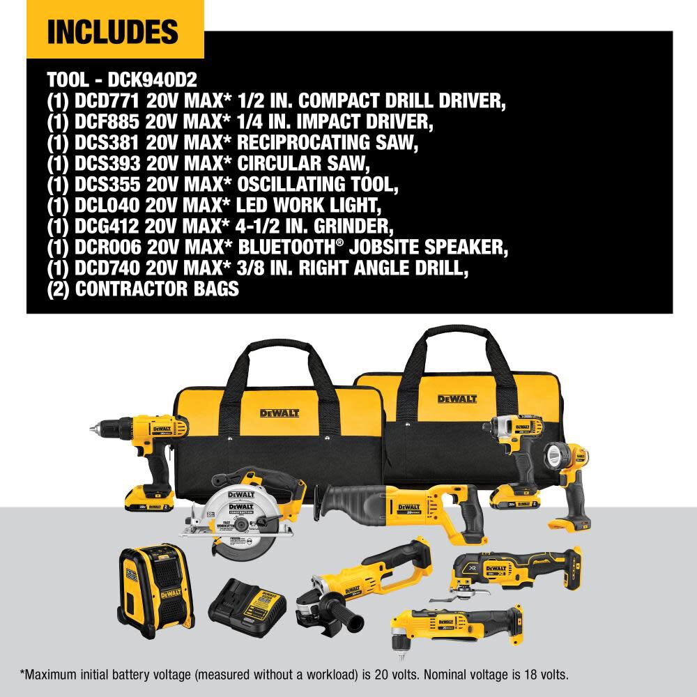 9-Tool 20-Volt Max Power Tool Combo Kit with Soft Case (2-Batteries and charger Included) DCK940D2