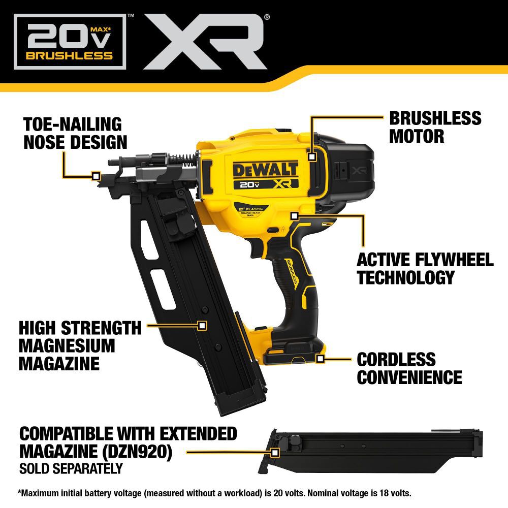 20V MAX Brushless 21 Degree Plastic Framing Nailer (Bare Tool) DCN920B