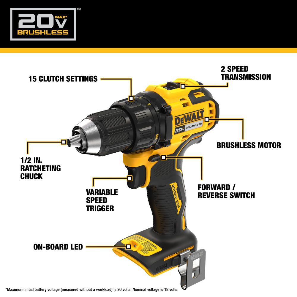 20V MAX Brushless Cordless 1/2in Drill/Driver (Bare Tool) DCD793B