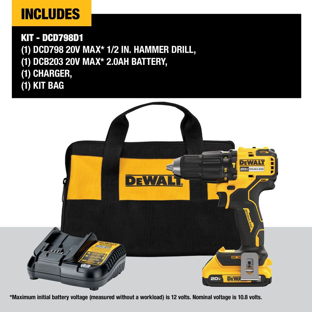 1/2-in 20-volt Max Variable Speed Brushless Cordless Hammer Drill (1-Battery Included) DCD798D1