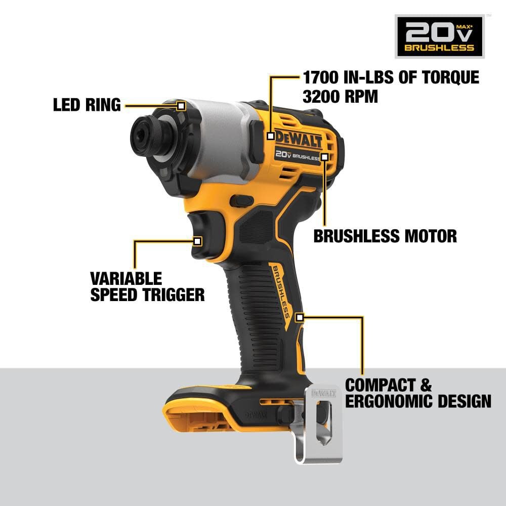 20V MAX Impact Driver 1/4in Brushless Cordless (Bare Tool) DCF840B