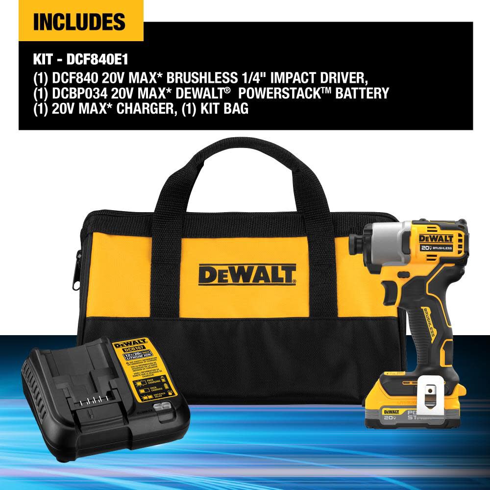 POWERSTACK 20-volt Max 1/4-in Brushless Cordless Impact Driver (1-Battery Included, Charger Included and Soft Bag included) DCF840E1