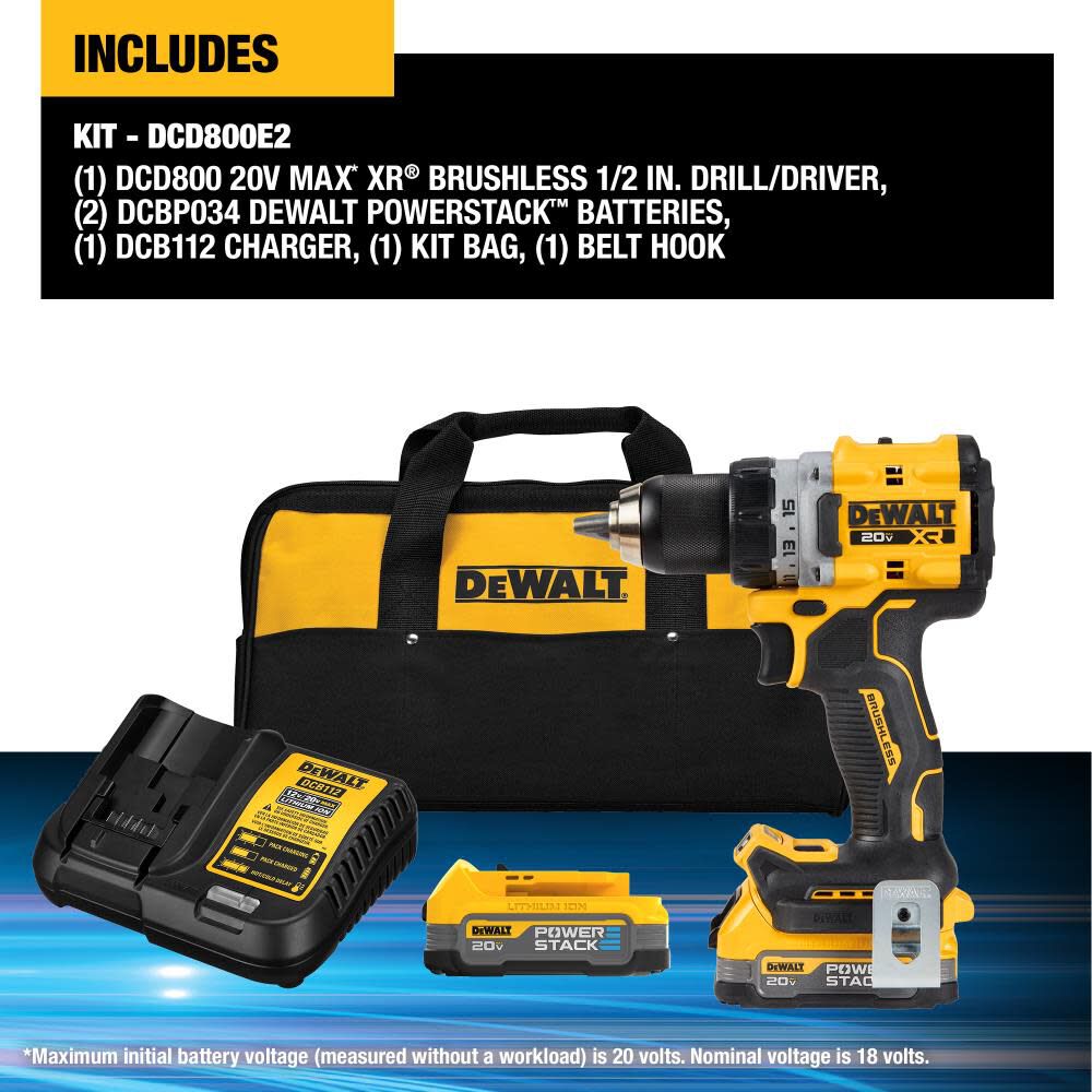 20-volt Max 1/2-in Keyless Brushless Cordless Drill (2-Batteries Included, Charger Included and Soft Bag included) DCD800E2