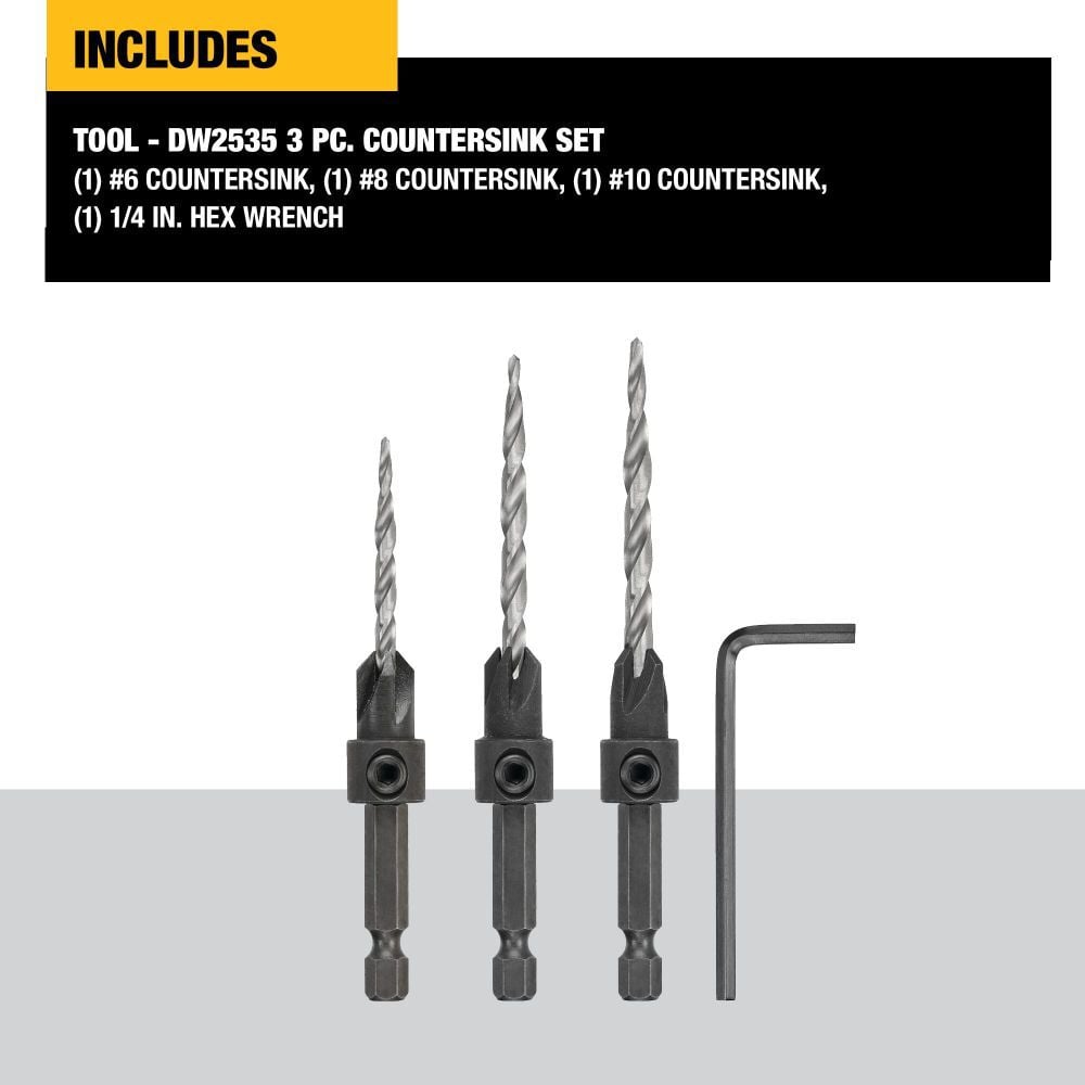 3-Piece Assorted High-speed Steel Countersink Twist Drill Bit Set DW2535