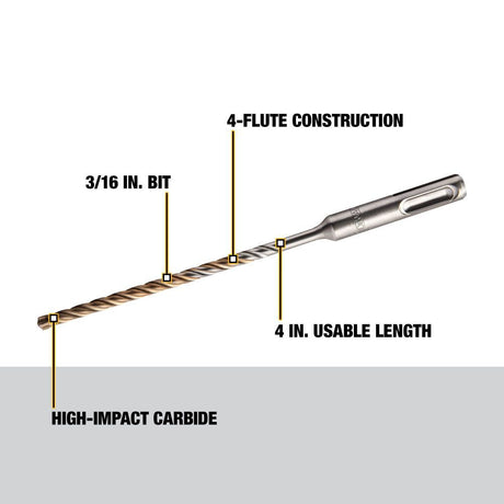 3/16 in x 4 in x 6 1/2 in High Impact Carbide SDS Plus Hammer Drill Bit DW5503