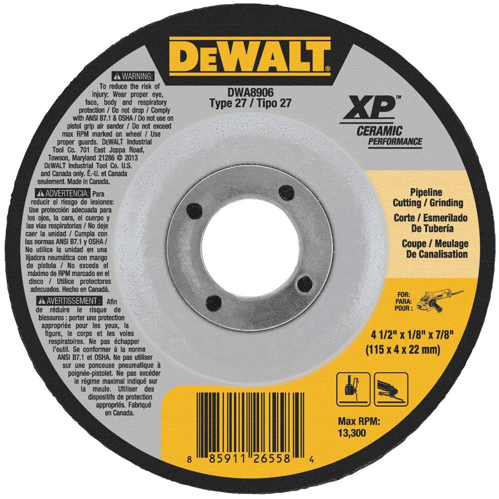 4-1/2in x 1/8in x 7/8in Ceramic Metal & Stainless Cutting & Grinding DWA8906