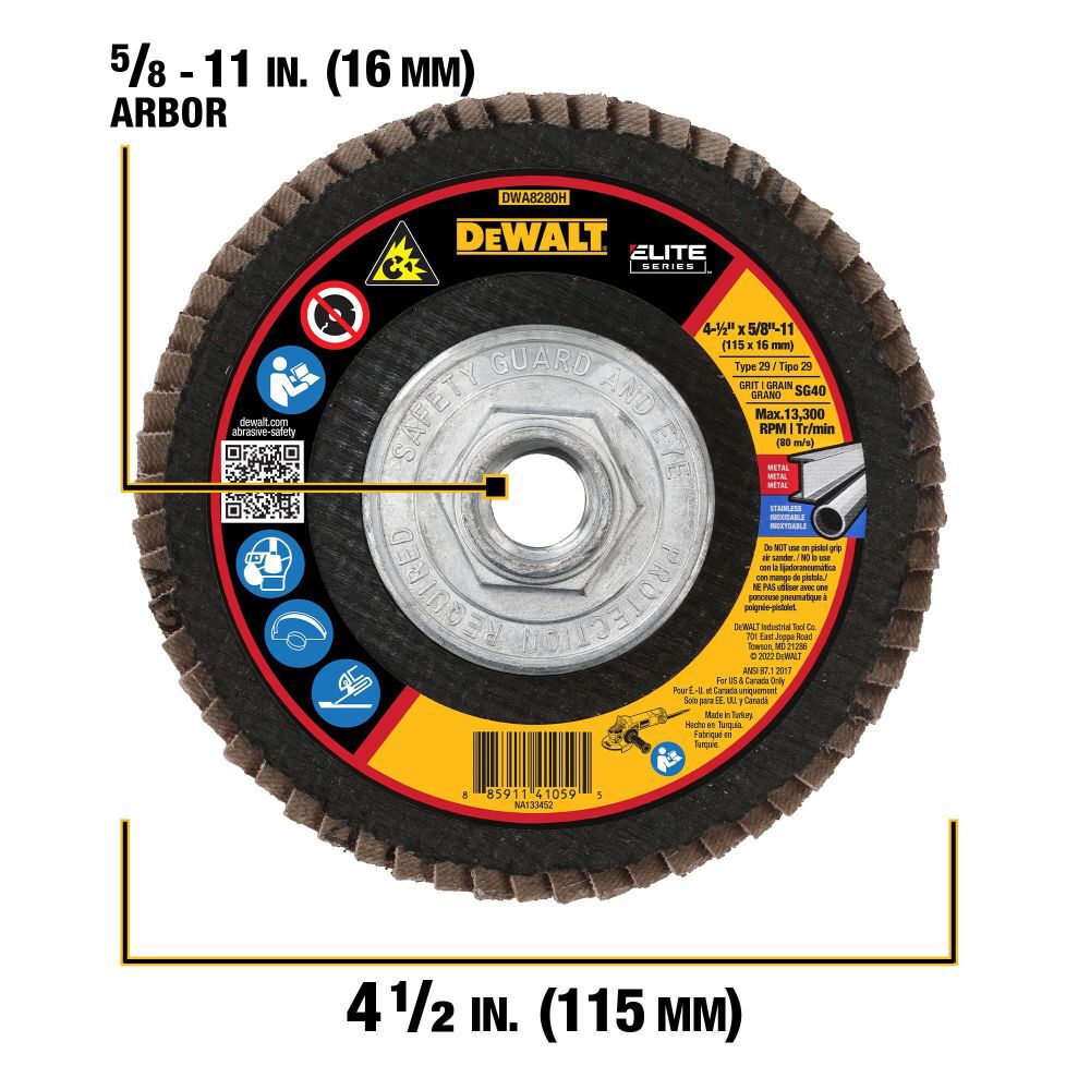 4 1/2in X 5/8in 11 SG40 T29 Ceramic Flap Disc DWA8280H