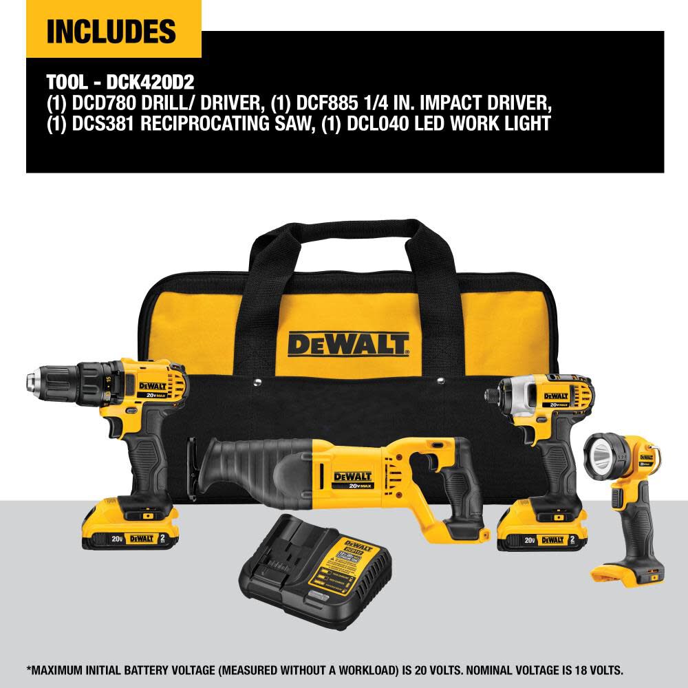 4-Tool 20-Volt Max Power Tool Combo Kit with Soft Case (2-Batteries and charger Included) DCK420D2