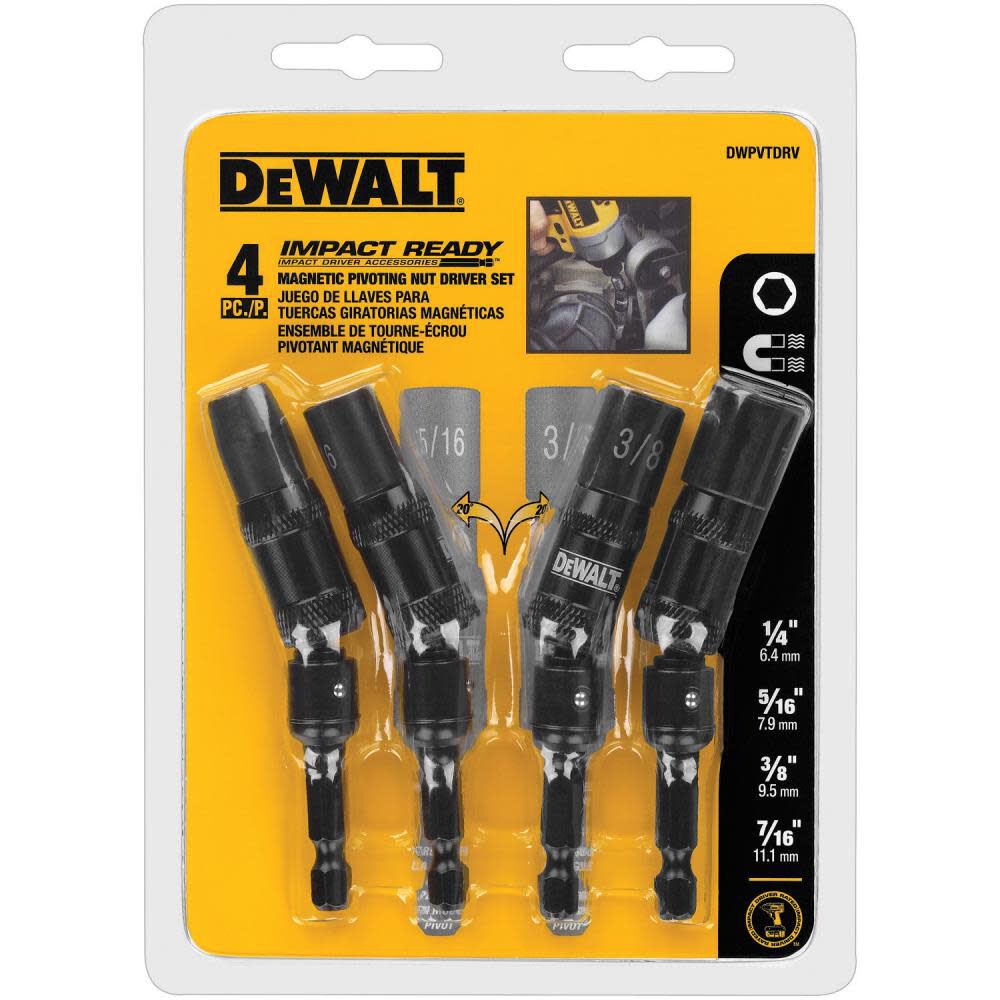 4PC Magnetic Pivoting Nut Driver Set (1/4in 5/16in 3/8in 7/16in) DWPVTDRV