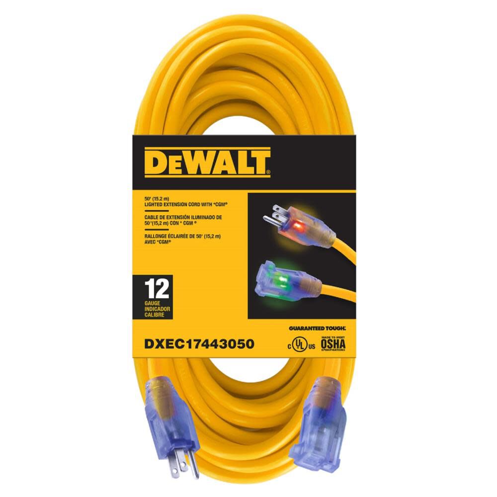 50' 12/3 SJTW Lighted Extension Cord Yellow DXEC17443050