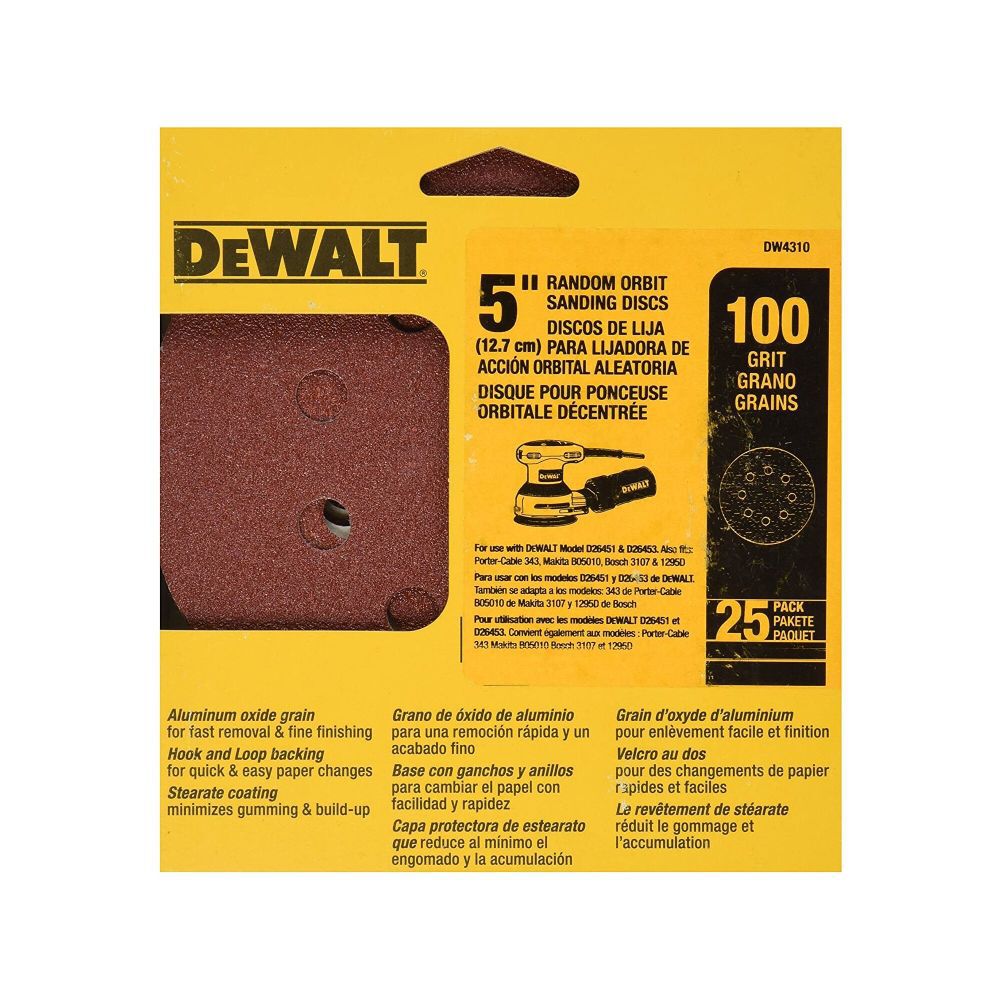 5in 8 Hole 100 Grit Hook & Loop Random Orbit Sandpaper 25pk DW4310