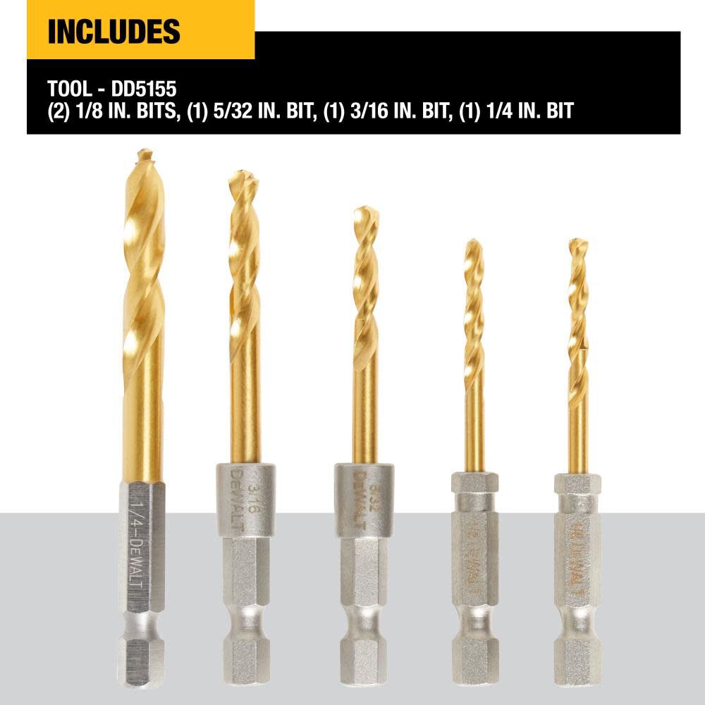 5-Piece Assorted Titanium Nitride Coated Hss Jobber Length Twist Drill Bit Set DD5155