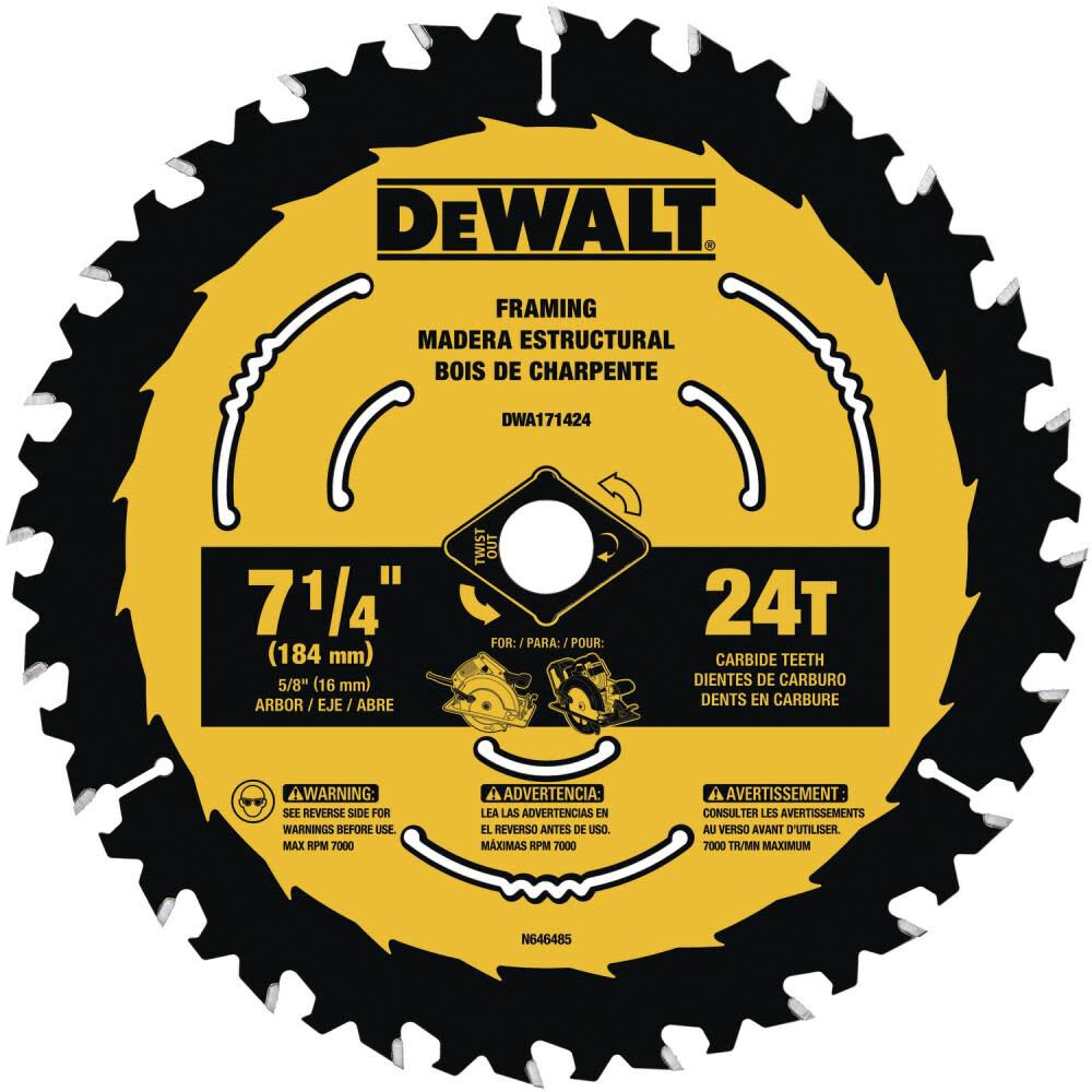 7-1/4-in 24T Saw Blade with ToughTrack tooth design DWA171424