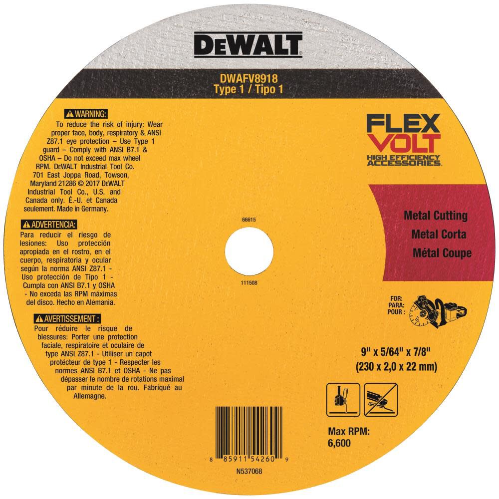 9 In. x 5/64 In. x 7/8 T1 FLEXVOLT Cutoff Wheel DWAFV8918