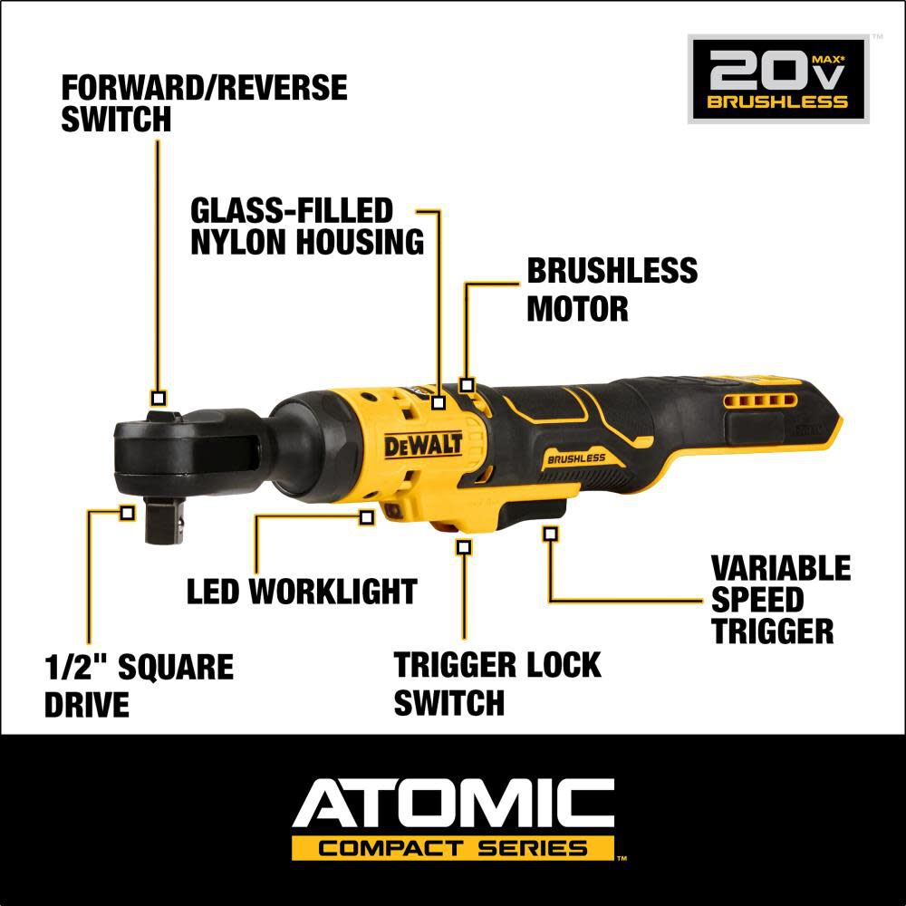 ATOMIC COMPACT SERIES 20V MAX 1/2in Ratchet (Bare Tool) DCF512B