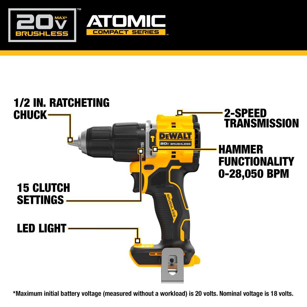 ATOMIC COMPACT SERIES 20V MAX Brushless Cordless 1/2in Hammer Drill (Bare Tool) DCD799B