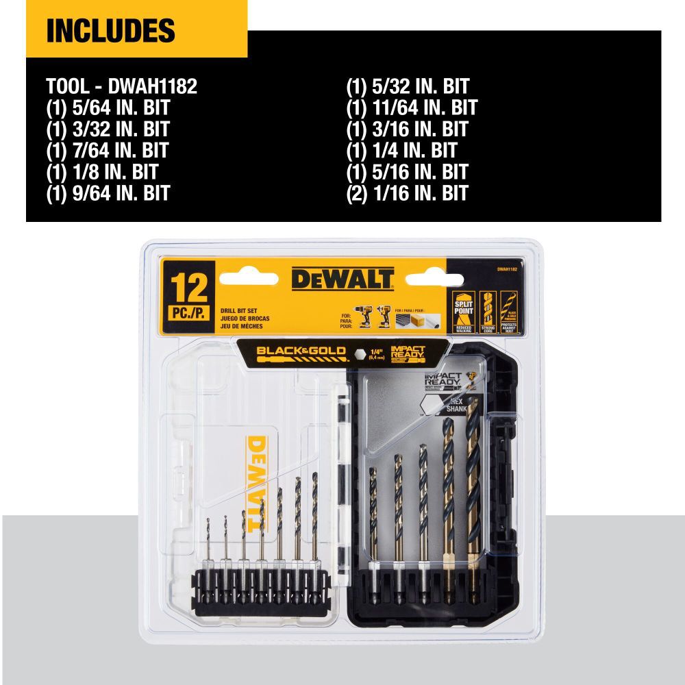 BLACK & GOLD IMPACT READY Metal Drill Bit 12pc Set DWAH1182