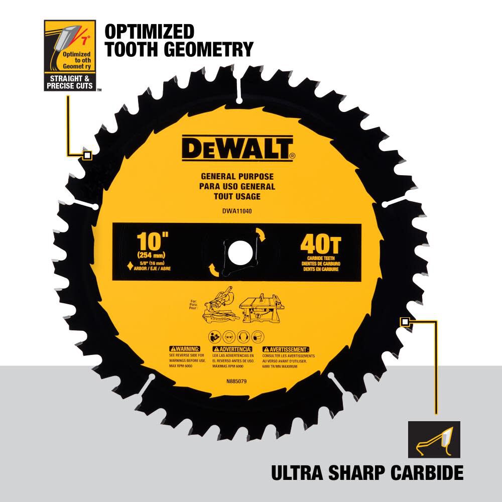 Large Diameter Saw Blades 10-in 40-Tooth Rough Finish Tungsten Carbide-tipped Steel Miter/Table Saw Blade DWA11040