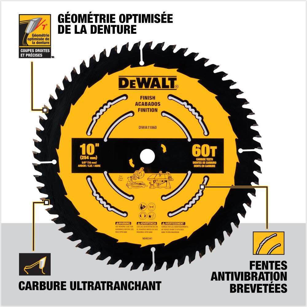 Large Diameter Saw Blades 10-in 60-Tooth Fine Finish Tungsten Carbide-tipped Steel Miter/Table Saw Blade DWA11060