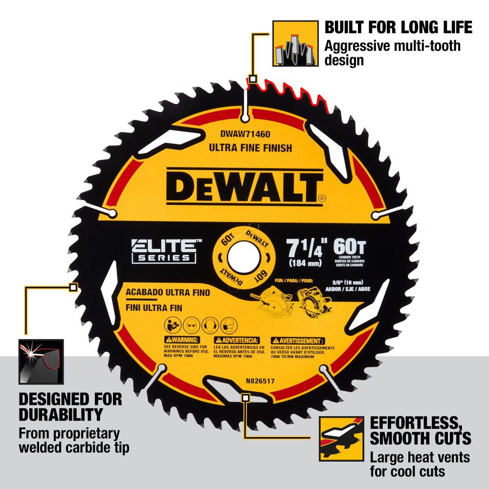 ELITE SERIES 7-1/4-in 60-Tooth Fine Finish Tungsten Carbide-tipped Steel Circular Saw Blade DWAW71460