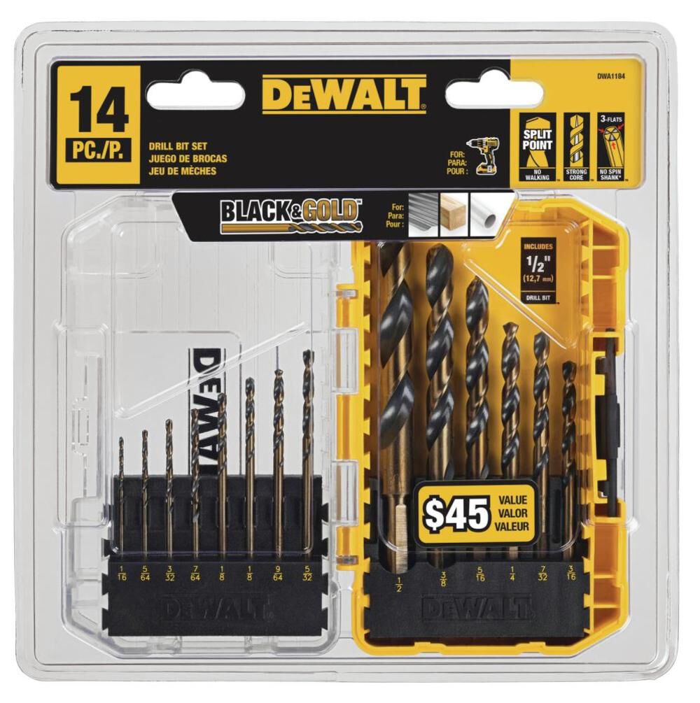 14-Piece Assorted Black and Gold Coated HSS Jobber Length Twist Drill Bit Set DWA1184