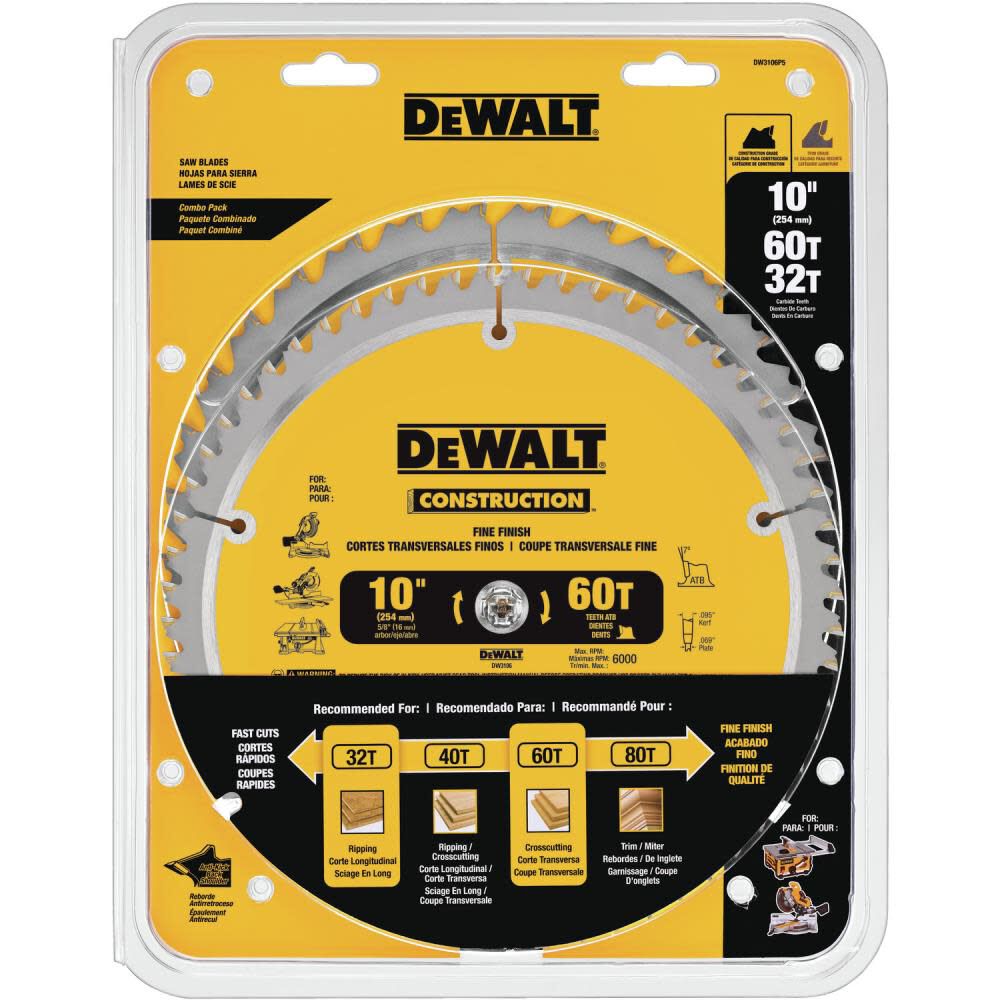 DW 10-in 60T and 10-in 32T Saw Blade DW3106P5