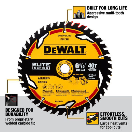 ELITE SERIES 6-1/2-in 40-Tooth Fine Finish Tungsten Carbide-tipped Steel Circular Saw Blade DWAW61240