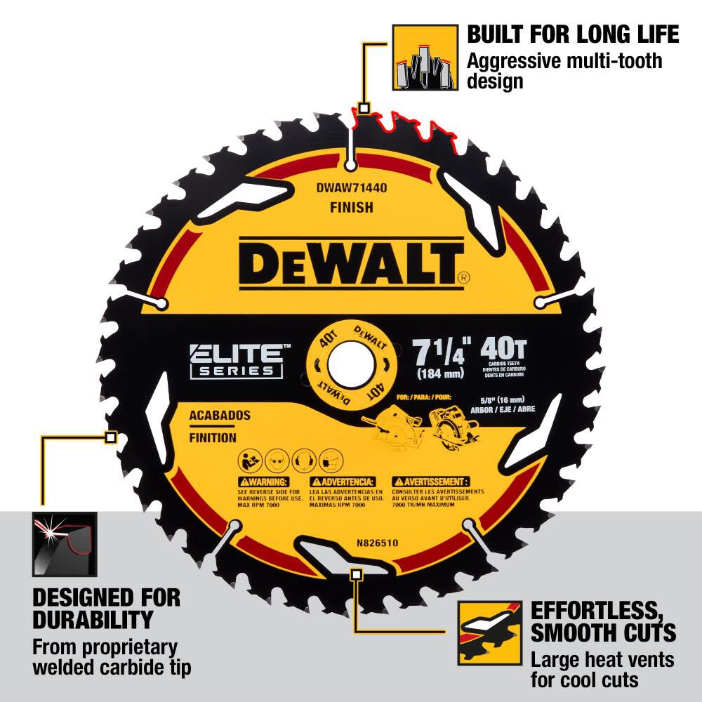 ELITE SERIES 7-1/4-in 40-Tooth Fine Finish Tungsten Carbide-tipped Steel Circular Saw Blade DWAW71440