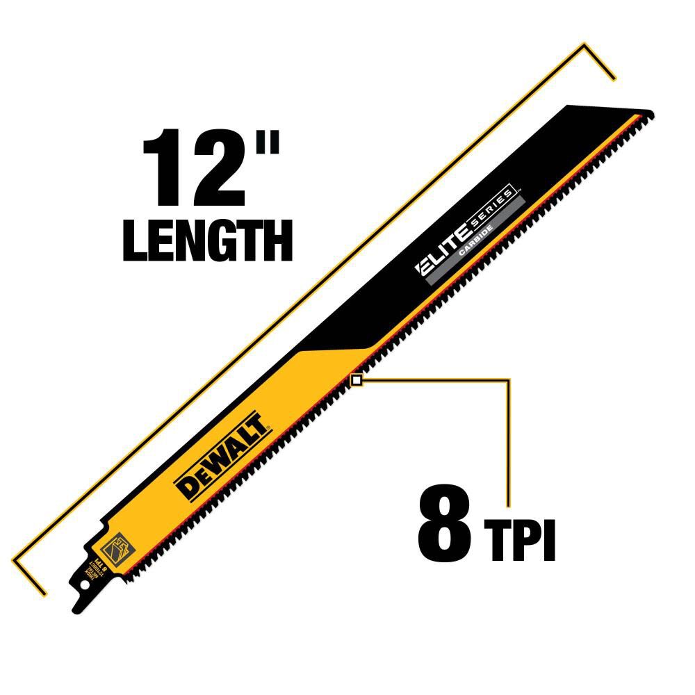 ELITE SERIES Reciprocating Saw Blade 1pk Carbide Tipped 12in 8 TPI Metal Cutting DWAR12108CT-1