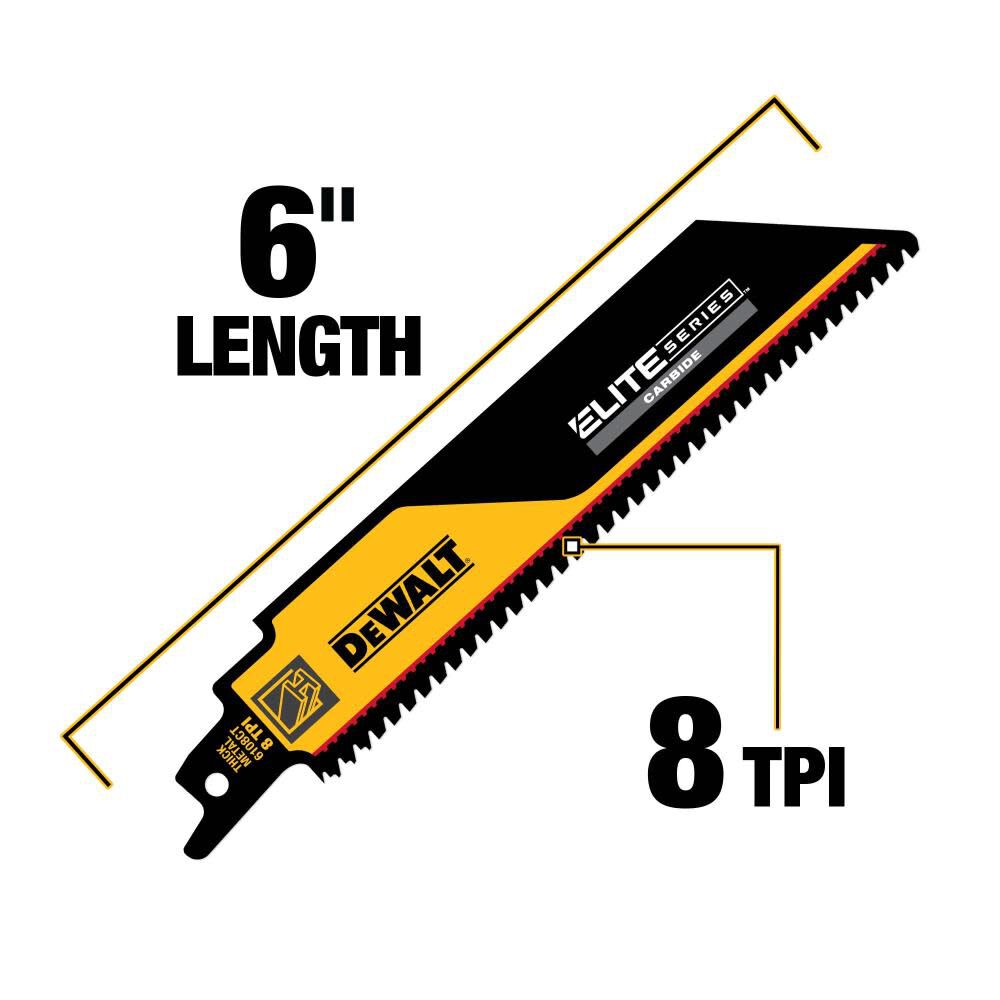 ELITE SERIES Reciprocating Saw Blade 3pk Carbide Tipped 6in 8 TPI Metal Cutting DWAR6108CT-3