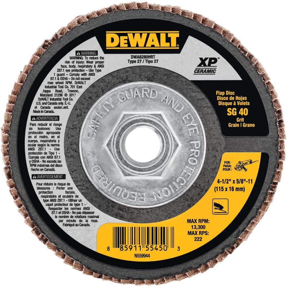 Flap Disc 4 1/2in x 5/8into 11 40 Grit T27 XP Ceramic DWA8280HRT