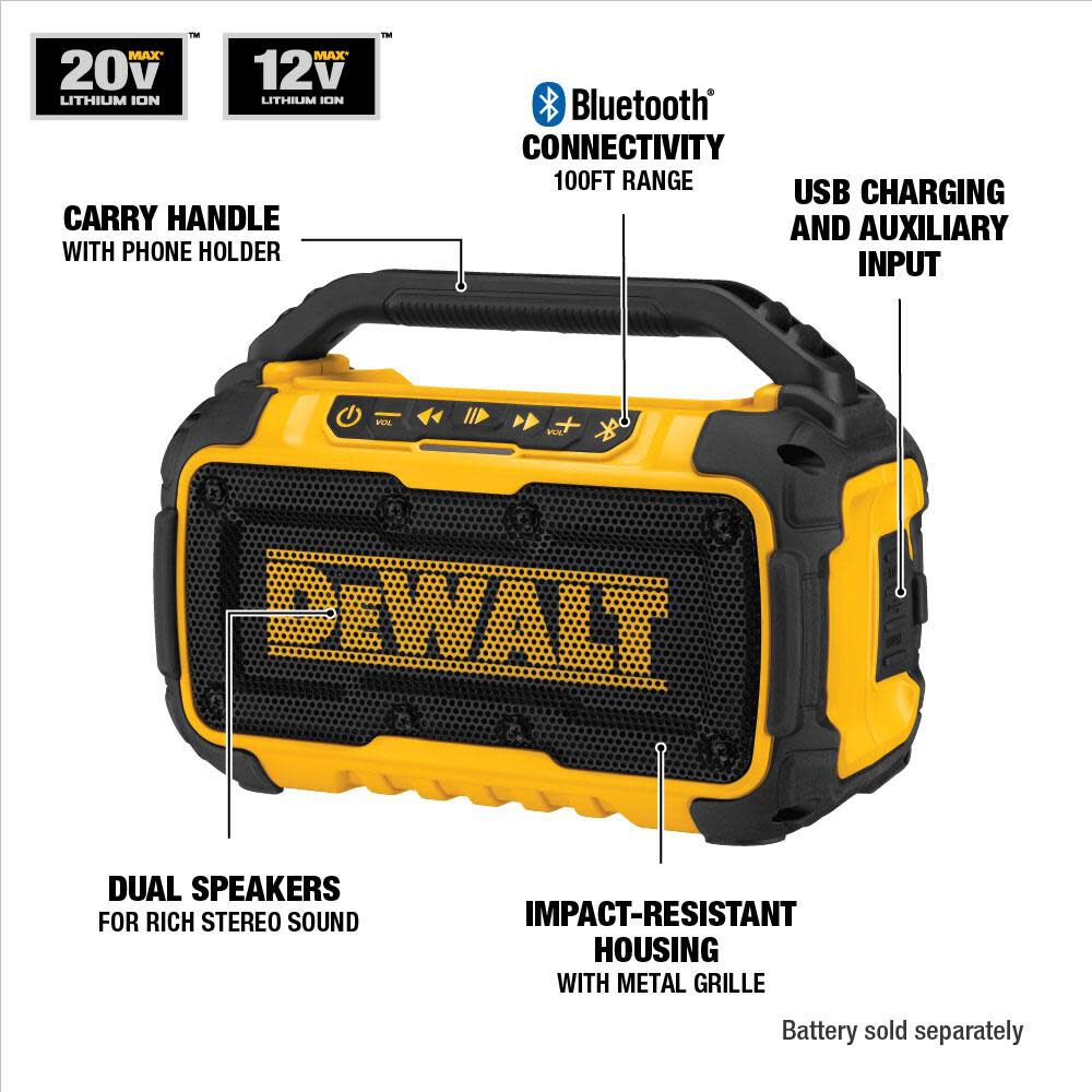 Jobsite Bluetooth Speaker with POWERSTACK 20V MAX Battery & Charger Kit Bundle DCBP034C-DCR010