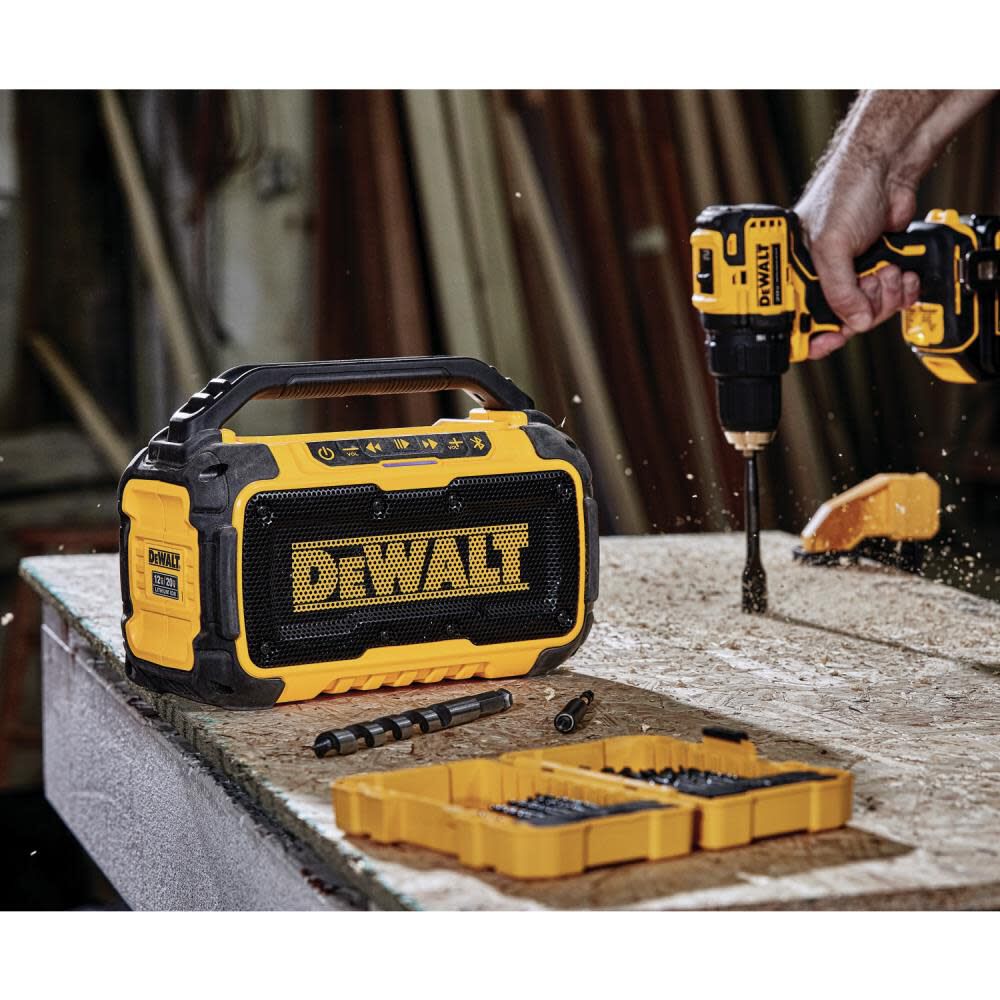 Jobsite Bluetooth Speaker with POWERSTACK 20V MAX Battery & Charger Kit Bundle DCBP034C-DCR010