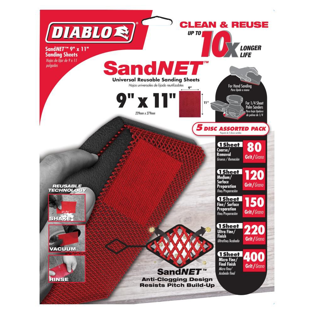 SandNET Sanding Sheets 9in x 11in Universal Reusable Assorted Pack DND911ASTH05G