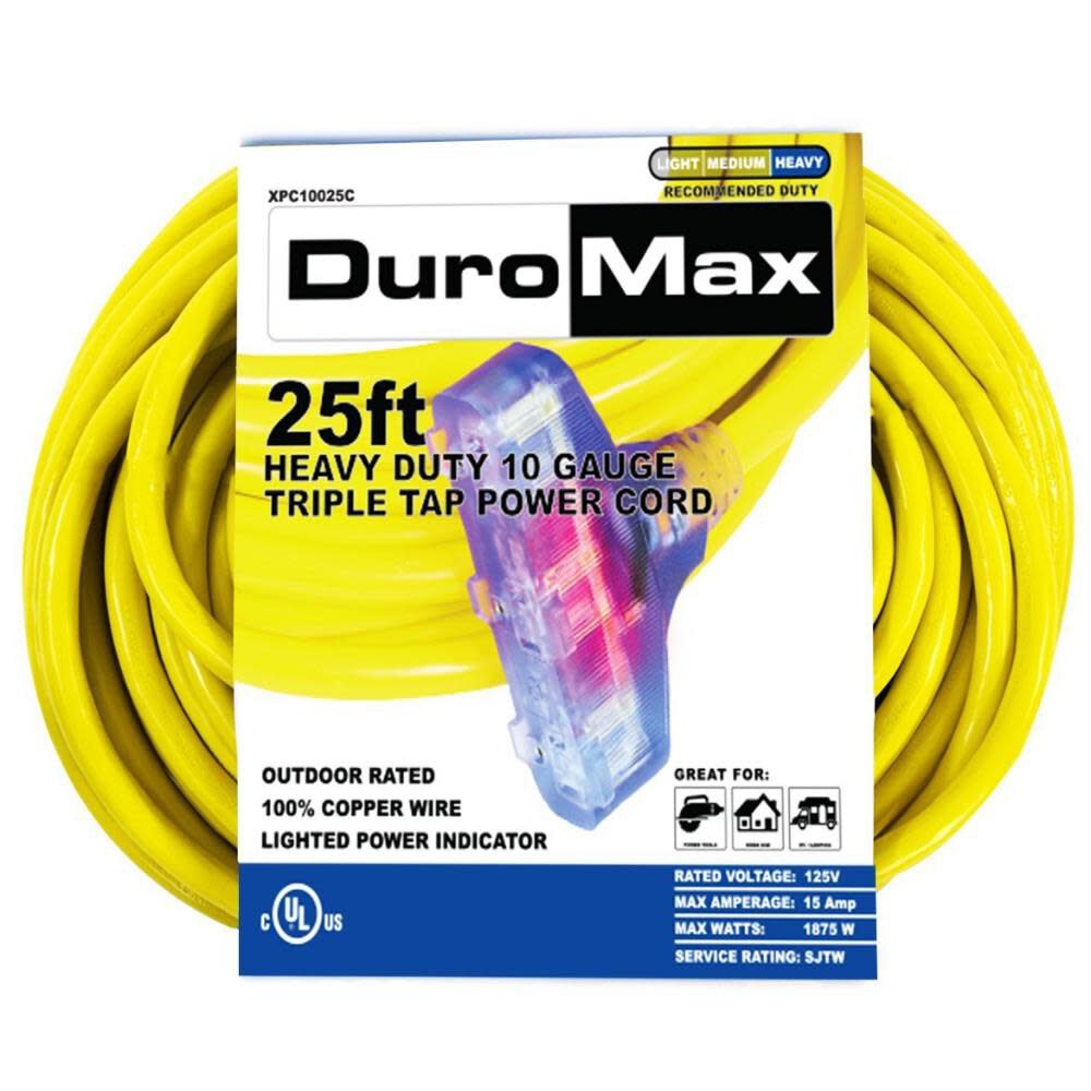 SJTW Lit Extension Power Cord 25' 10ga Triple Tap 100% Copper XPC10025C