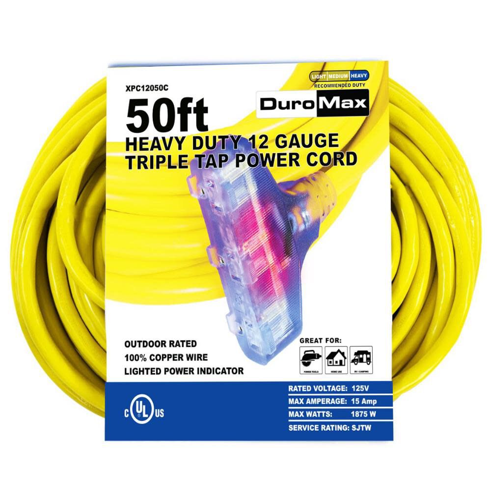 SJTW Lit Extension Power Cord 50' 12ga Triple Tap 100% Copper XPC12050C